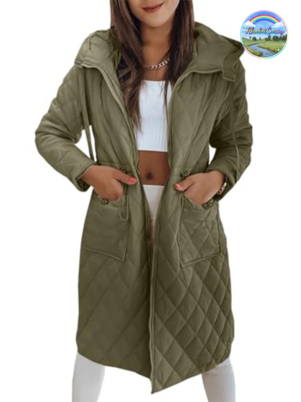 Quilted Puffer Jacket Long Hooded Lightweight Zip-Up Women Coat